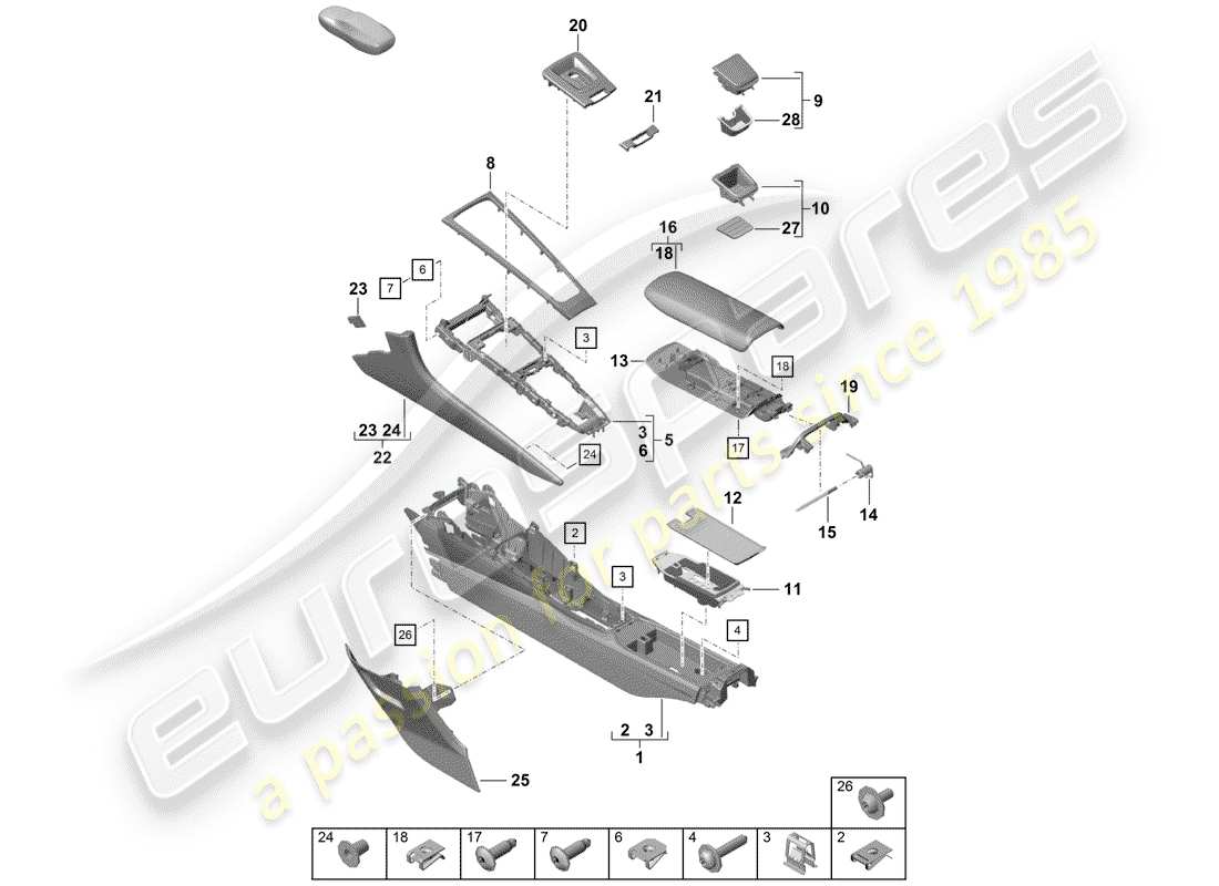 porsche boxster spyder (2019) center console parts diagram