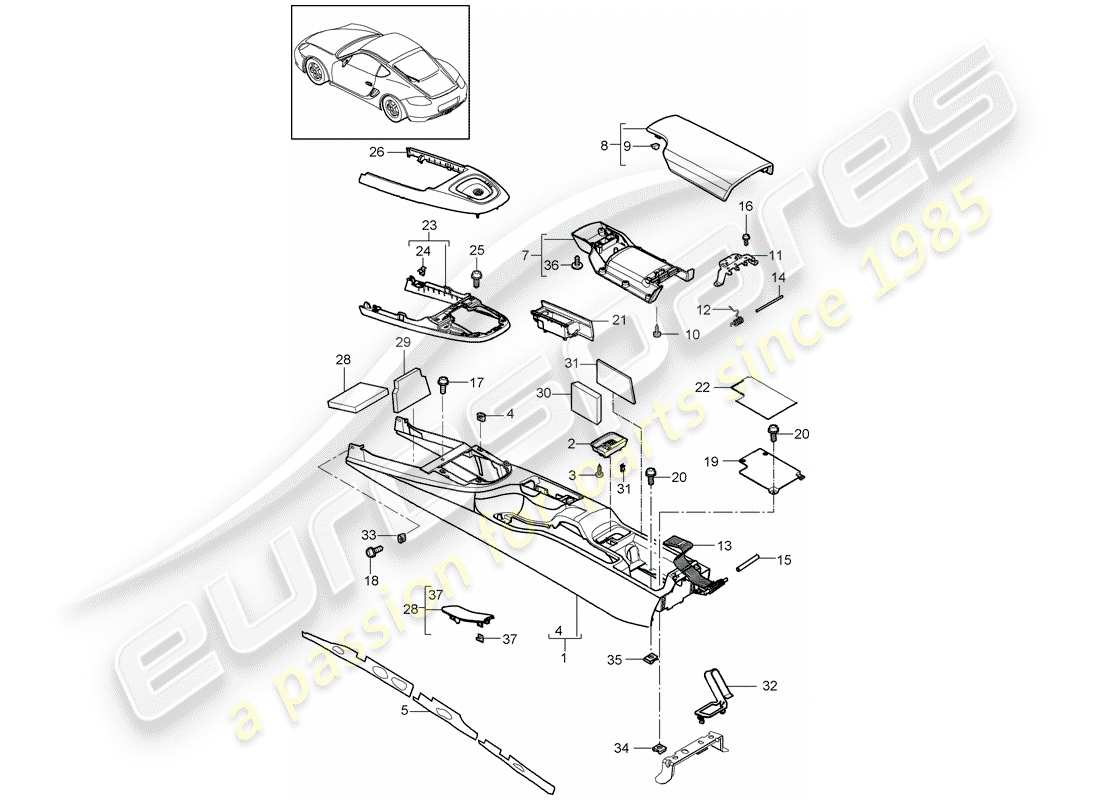 porsche cayman 987 (2012) center console parts diagram