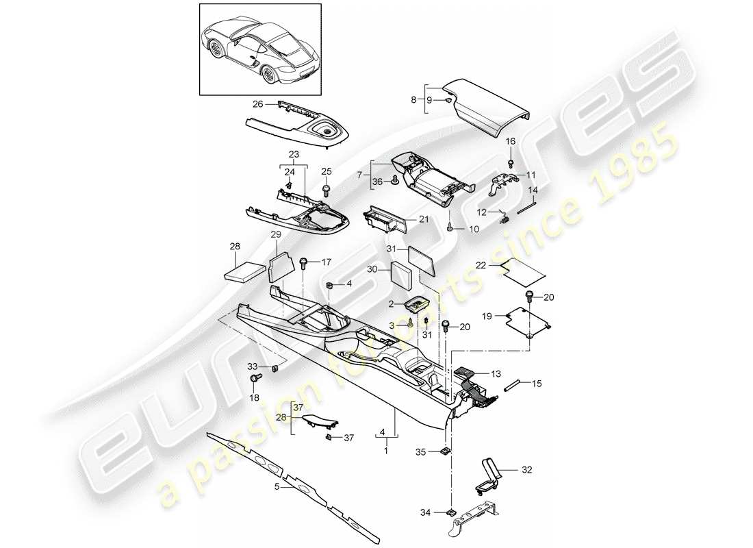 porsche 2010 (987 cayman) center console part diagram
