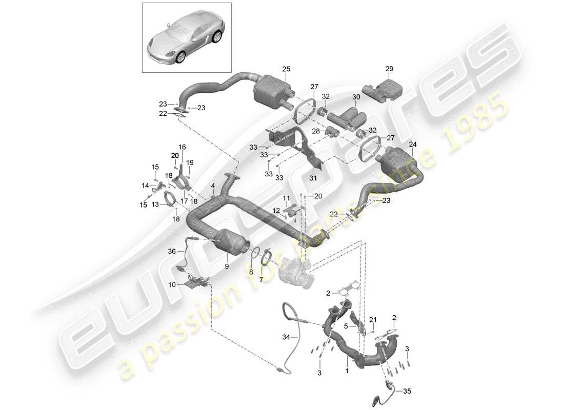 porsche 2020 (718 cayman) exhaust system part diagram
