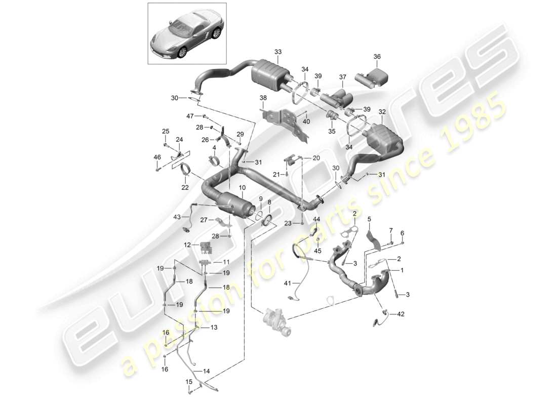 porsche 2020 (718 boxster) exhaust system silencer catalytic converter for vehicles with a petrol particulate filter part diagram