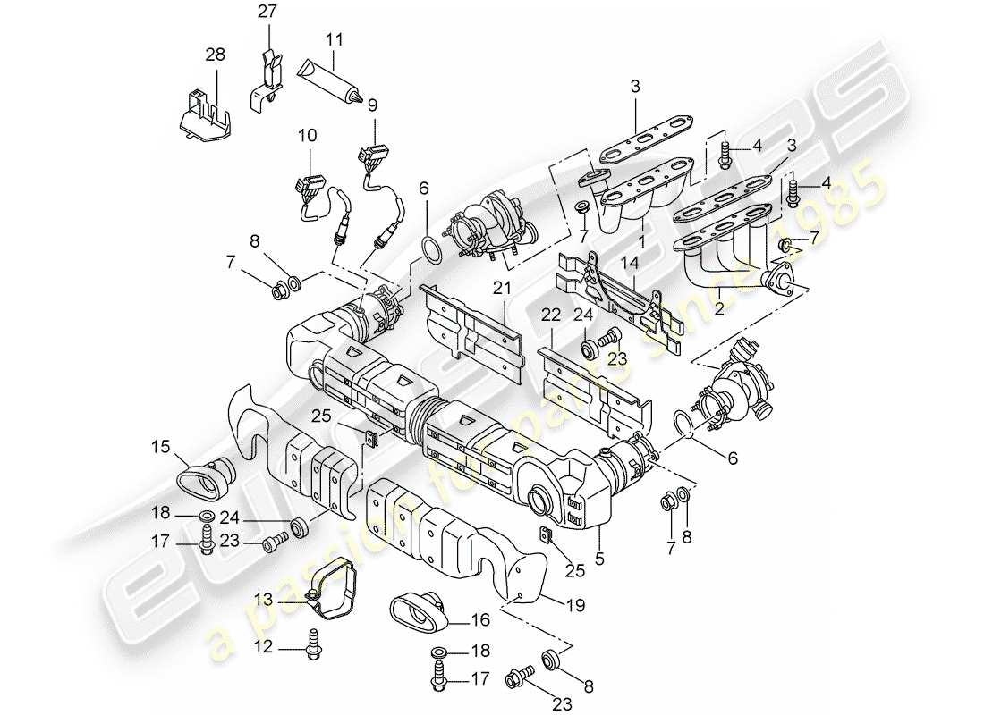 porsche 2001 (996 turbo / gt2) exhaust system part diagram