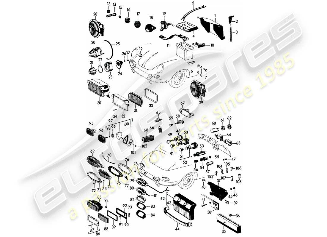 porsche 1964 (356b/356c) headlamp - and - switch - battery part diagram