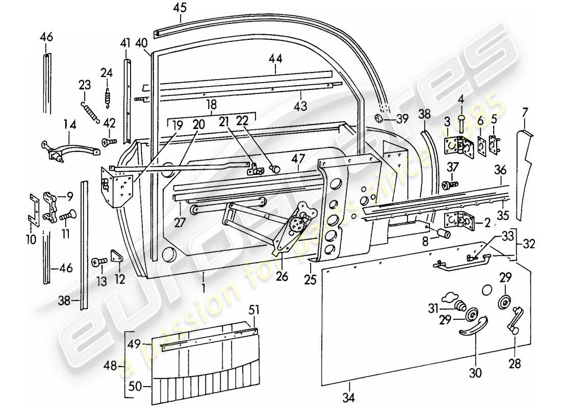 porsche 1955 (356/356a) door - with: parts diagram