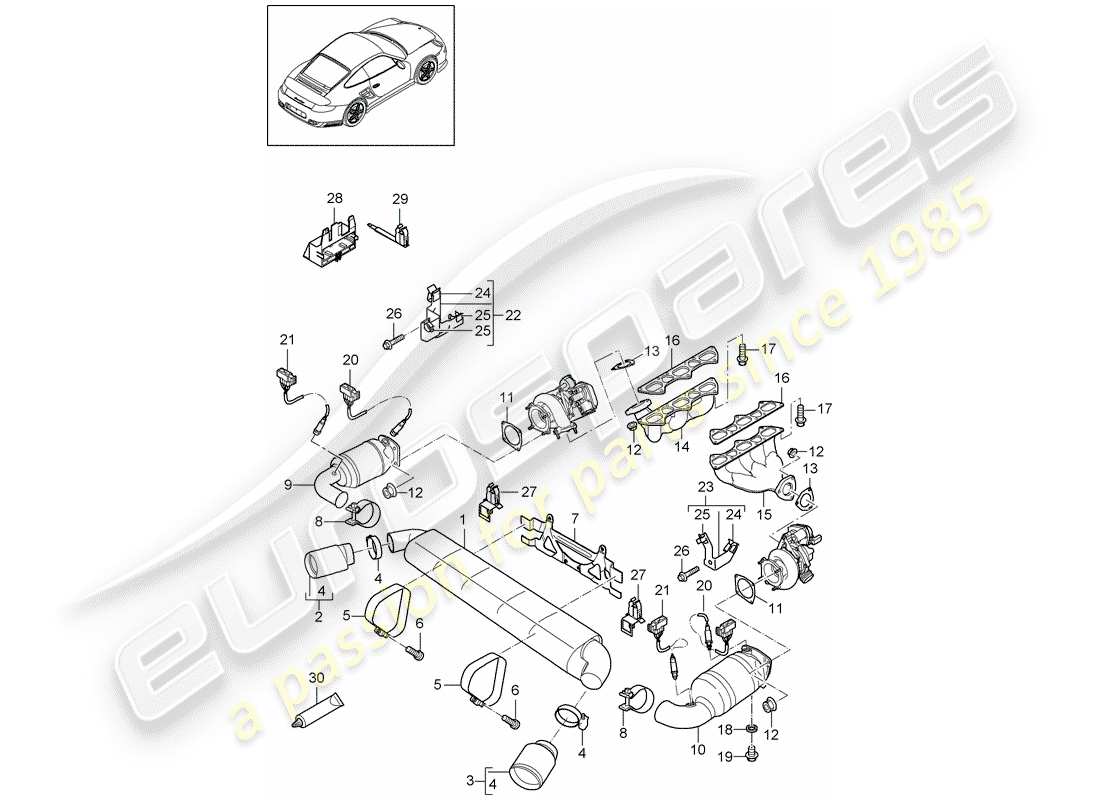 porsche 911 t/gt2rs (2012) exhaust system part diagram