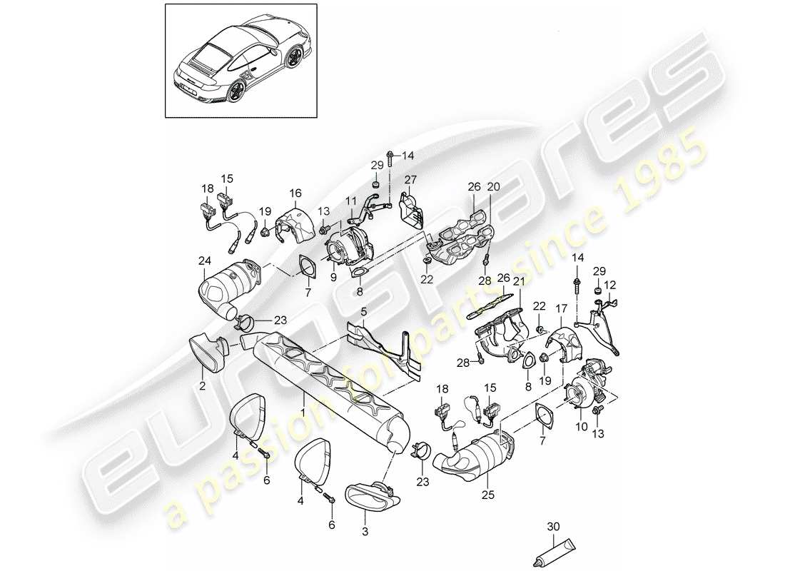 porsche 911 t/gt2rs (2012) exhaust system part diagram