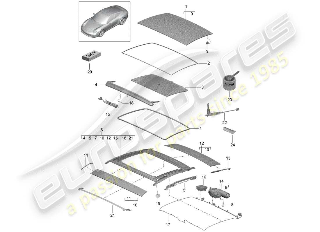 porsche 2013 (991-1) sunroof part diagram