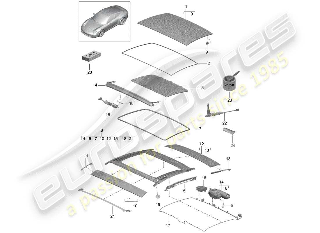 porsche 991 (2013) sunroof part diagram