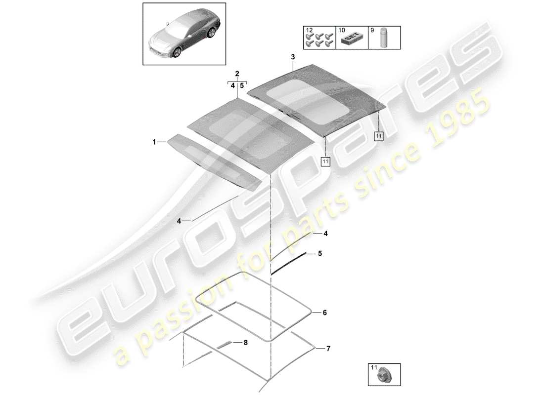 porsche 2017 (panamera 971-1) glass sliding roof part diagram