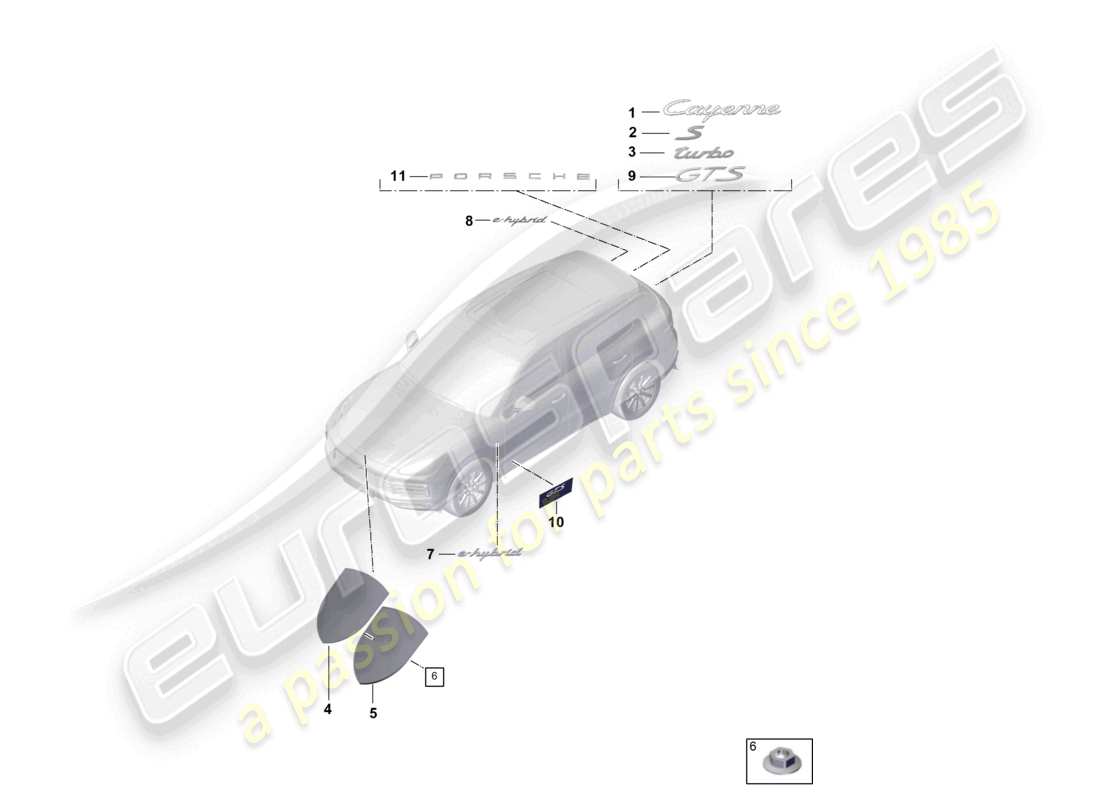 porsche 2020 (cayenne e3 9ya/9yb) inscriptions/lettering upper porsche crest outer part diagram