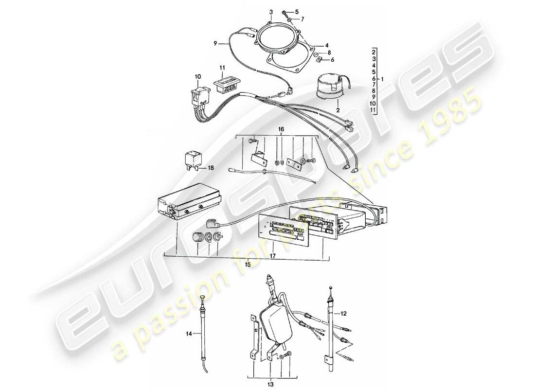 porsche 1982 (924) radio unit - with: - 3 - loudspeaker - d >> - mj 1982 part diagram