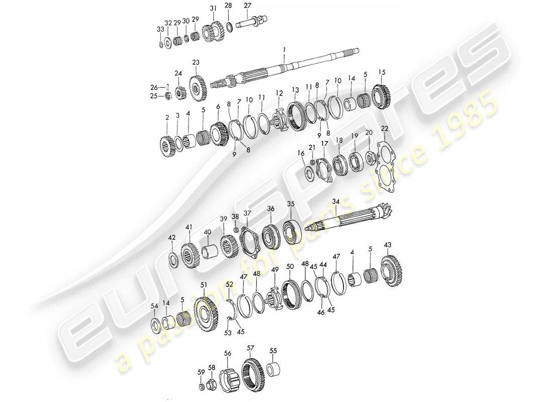 porsche 1972 (911) gears and shafts - 4-speed - transmission - d - mj 1972>> part diagram