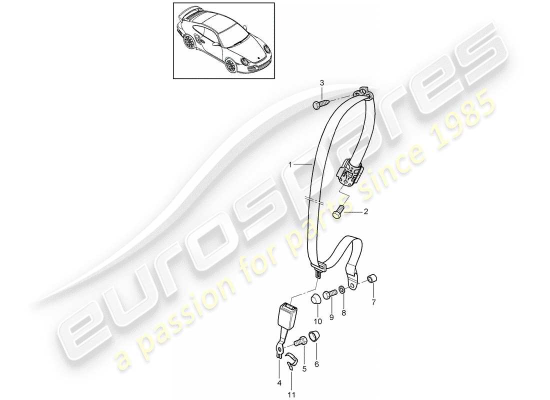 porsche 2011 (997-2 turbo / gt2 rs) seat belt part diagram