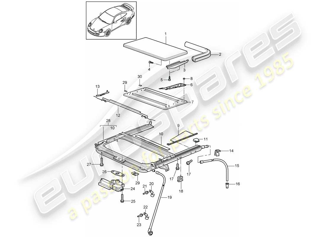 porsche 911 t/gt2rs (2012) sunroof parts diagram