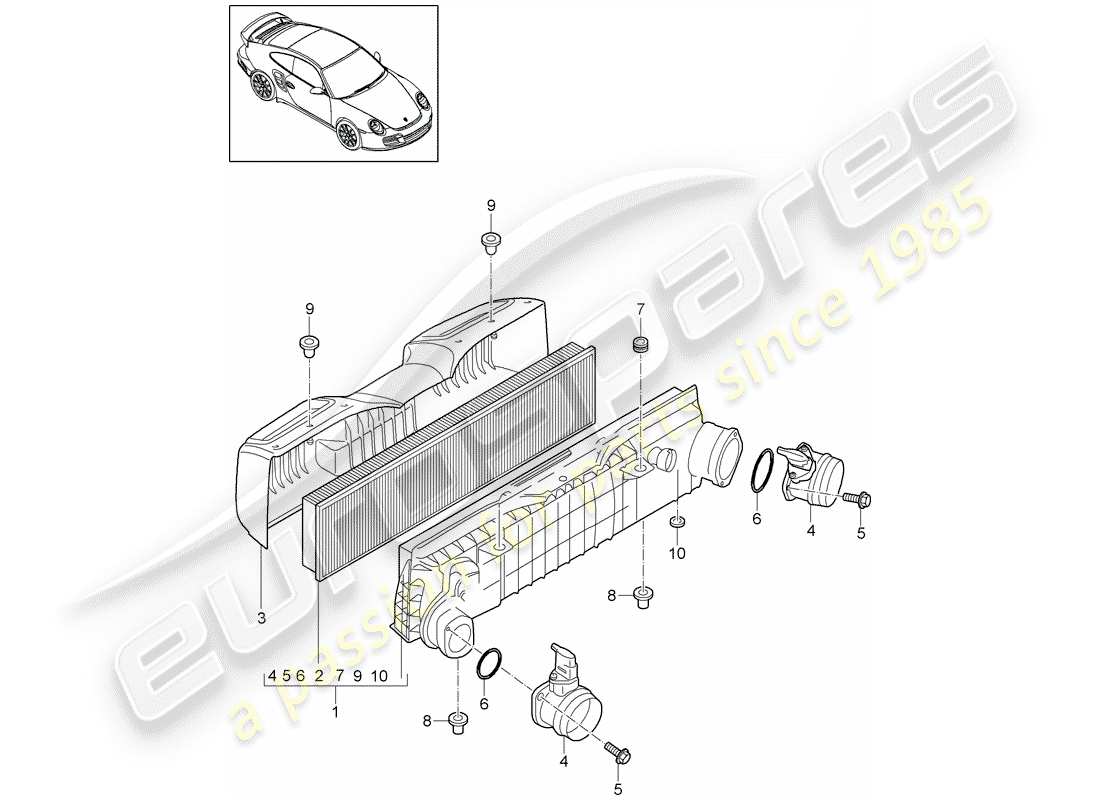 porsche 911 t/gt2rs (2011) air cleaner parts diagram