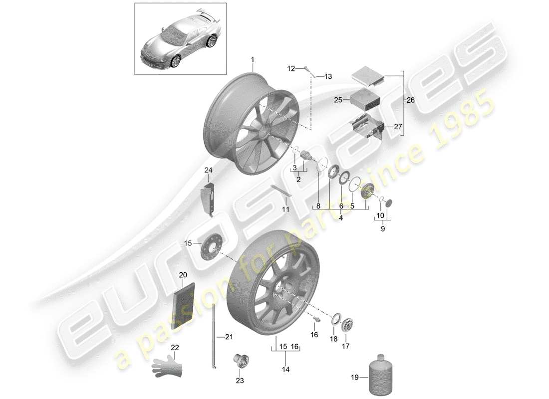 porsche 2014 (991-1 r/gt3/rs) alloy wheel part diagram