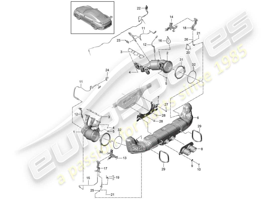 porsche 991r/gt3/rs (2020) exhaust system parts diagram