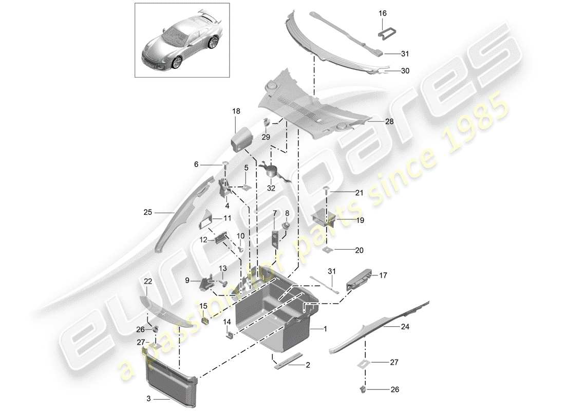 porsche 991r/gt3/rs (2015) boot lining parts diagram