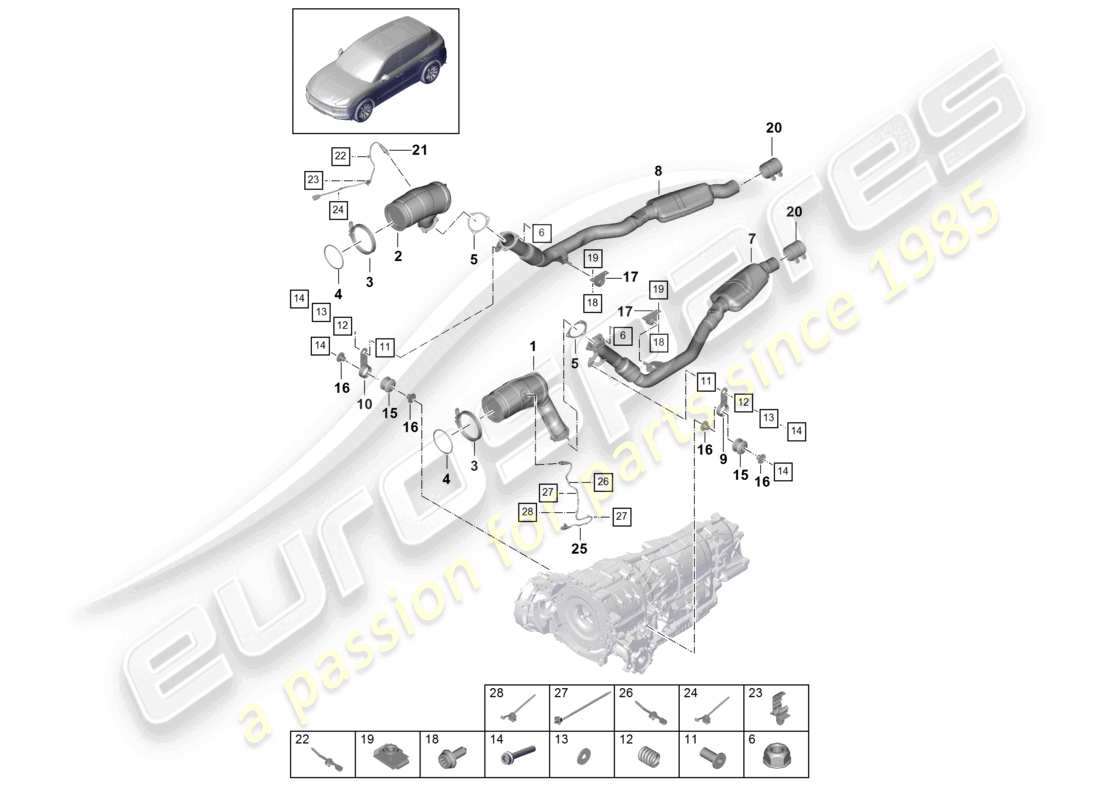 porsche 2020 (cayenne e3 9ya/9yb) exhaust system catalytic converter petrol particulate filter lambda probe part diagram
