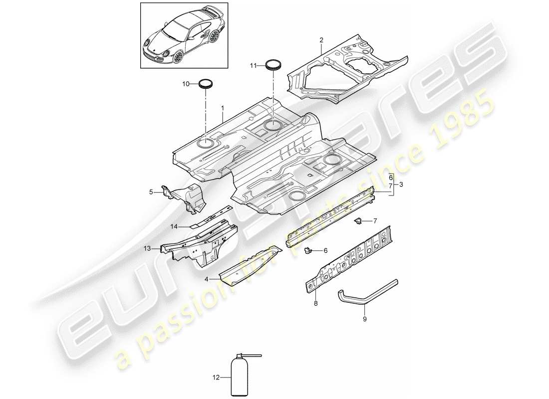 porsche 911 t/gt2rs (2012) floor parts diagram