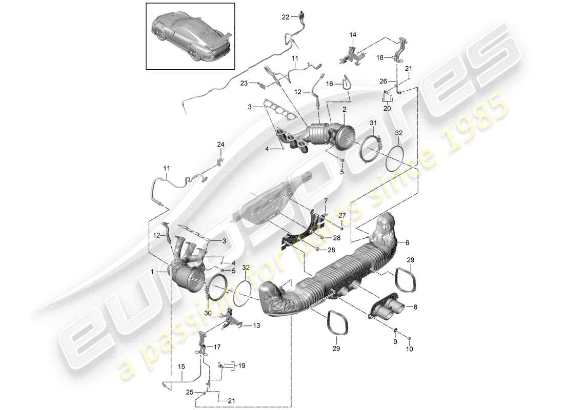 porsche 2014 (991-1 r/gt3/rs) exhaust system part diagram
