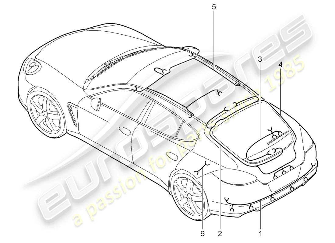 porsche 2012 (panamera 970) wiring looms rear spoiler roof trim rear lid anti-locking brake syst. -abs- brake pad wear display rear axle part diagram