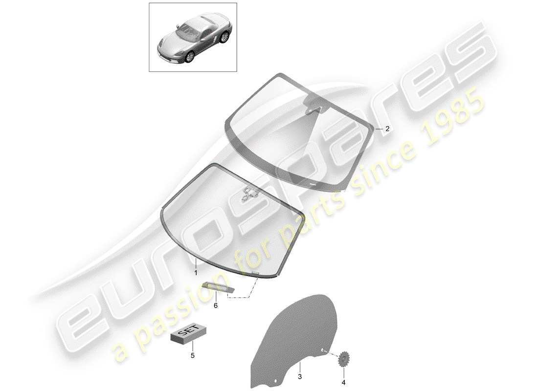 porsche 2019 (718 boxster) windshield glass part diagram