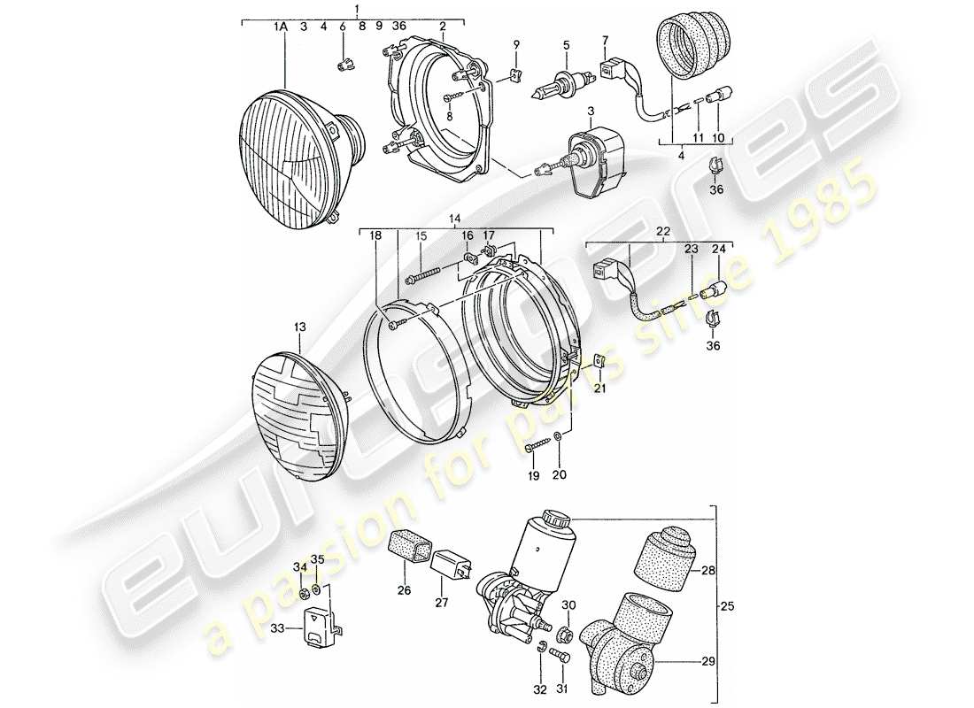 porsche 1990 (944) headlamp - electric motor - pop-up headlight part diagram