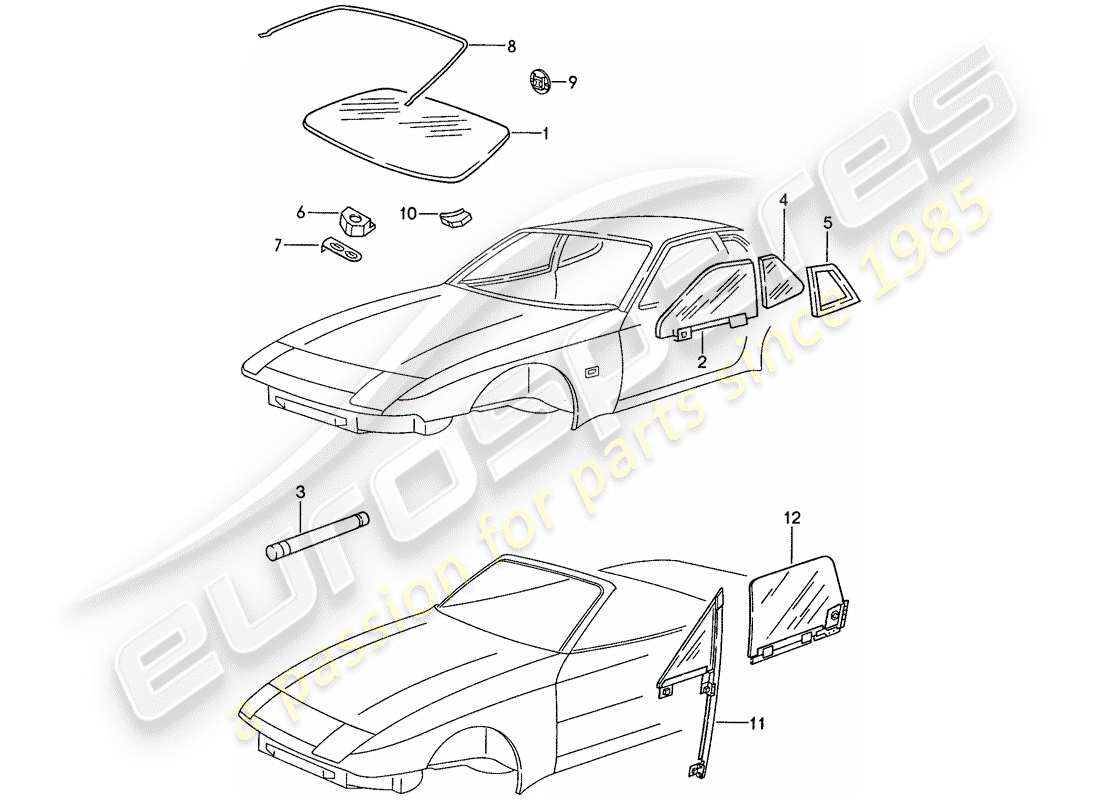 porsche 1990 (944) window glazing part diagram