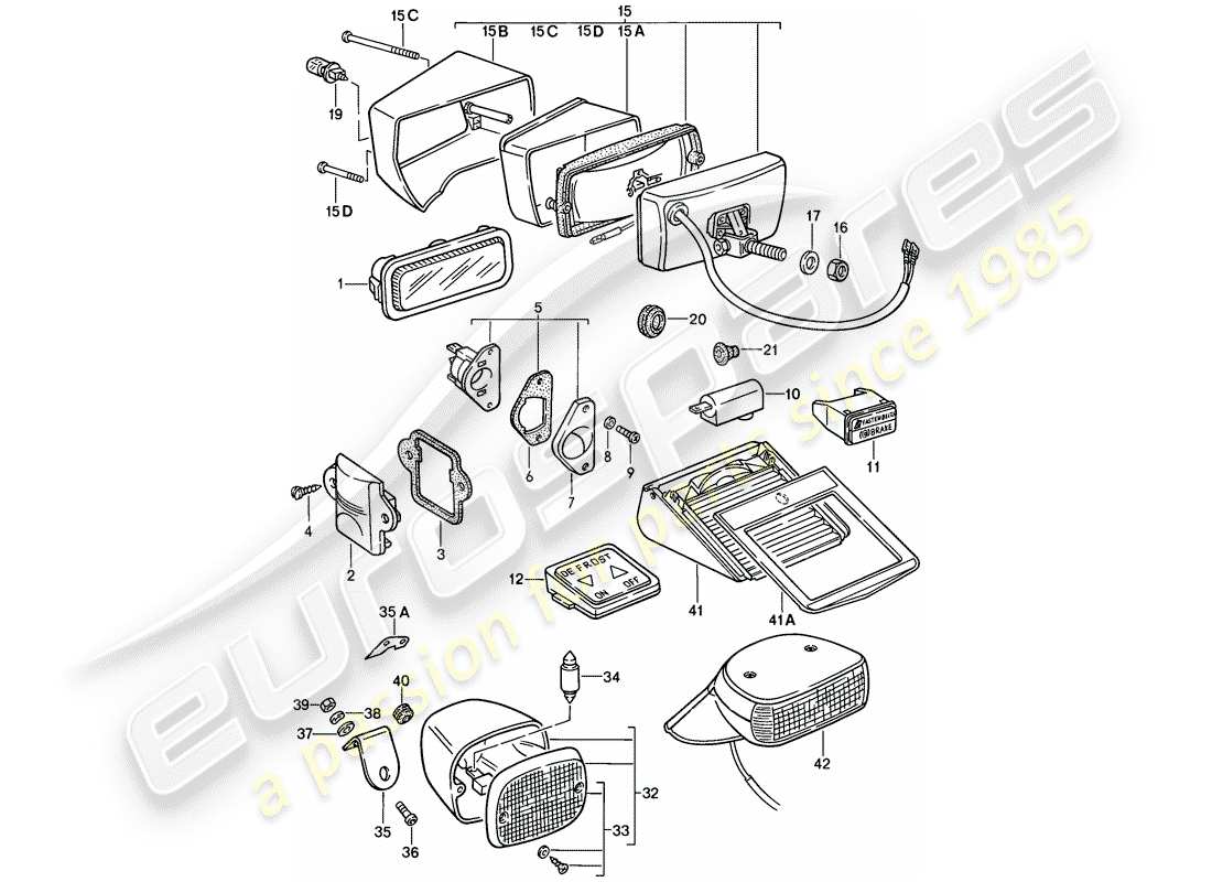 porsche 1985 (911) interior light - fog lights - lights part diagram