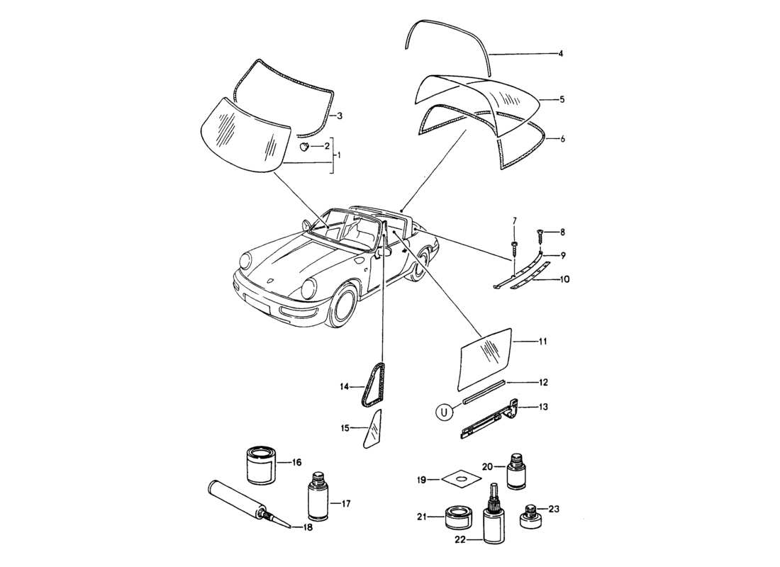 porsche 1994 (964) window glazing parts diagram