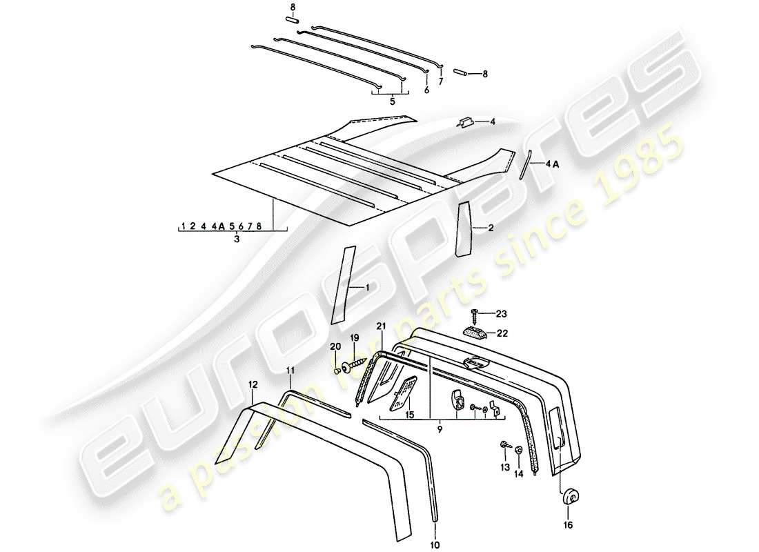 porsche 911 (1984) interior equipment - roof - roll bar parts diagram