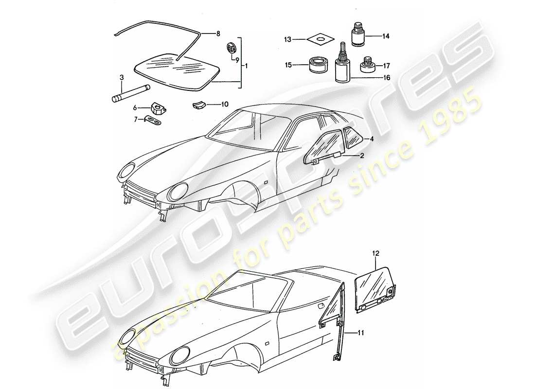 porsche 1993 (968) window glazing parts diagram