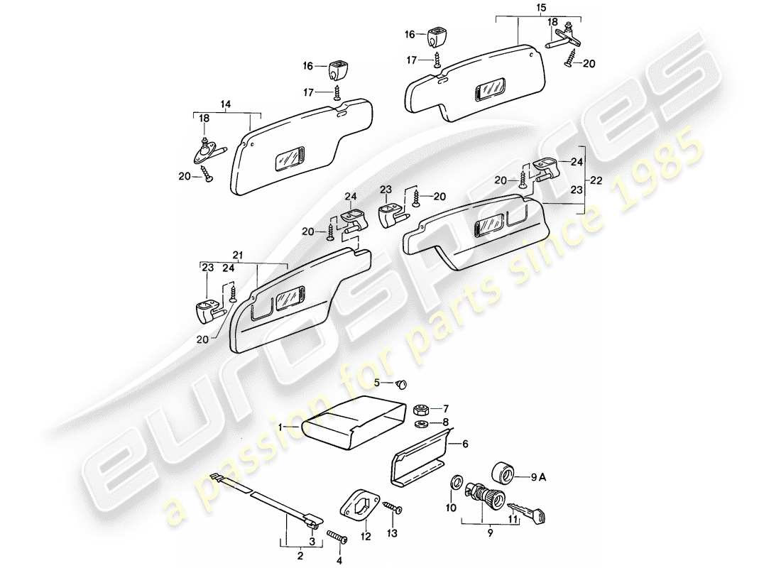 porsche 1986 (911) glove box - sun vizors part diagram