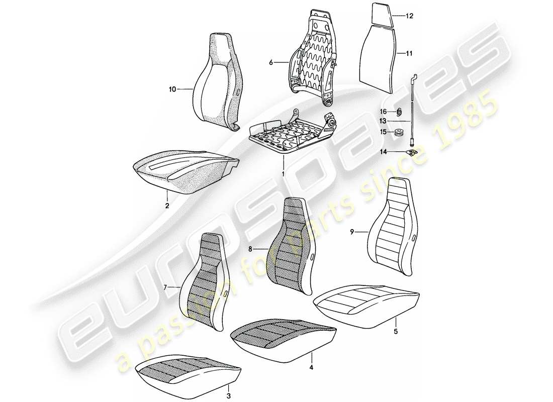 porsche 1985 (911) front seat - single parts - cloth - d >> - mj 1984 part diagram