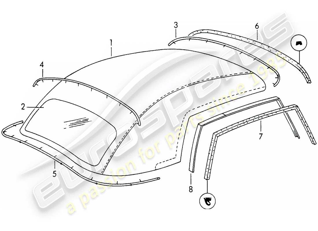 porsche 1955 (356/356a) convertible top covering parts diagram
