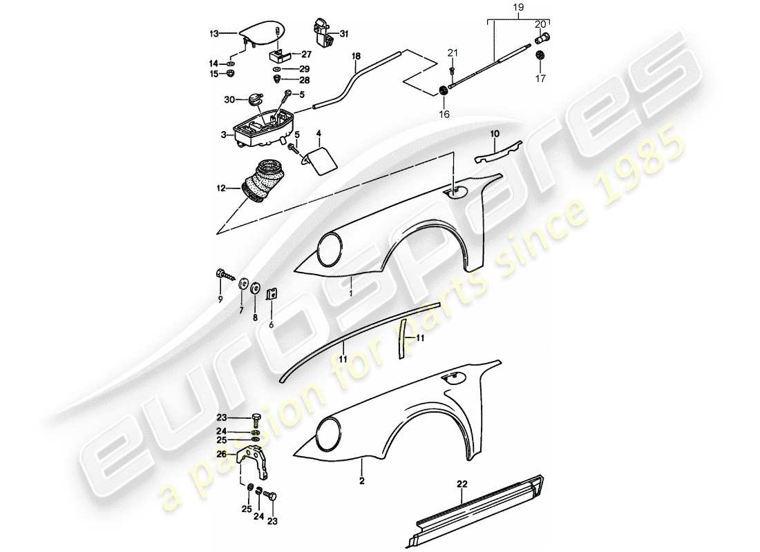 porsche 911 (1989) fender - with: - plastic cup for tank - to fit use workshop material part diagram
