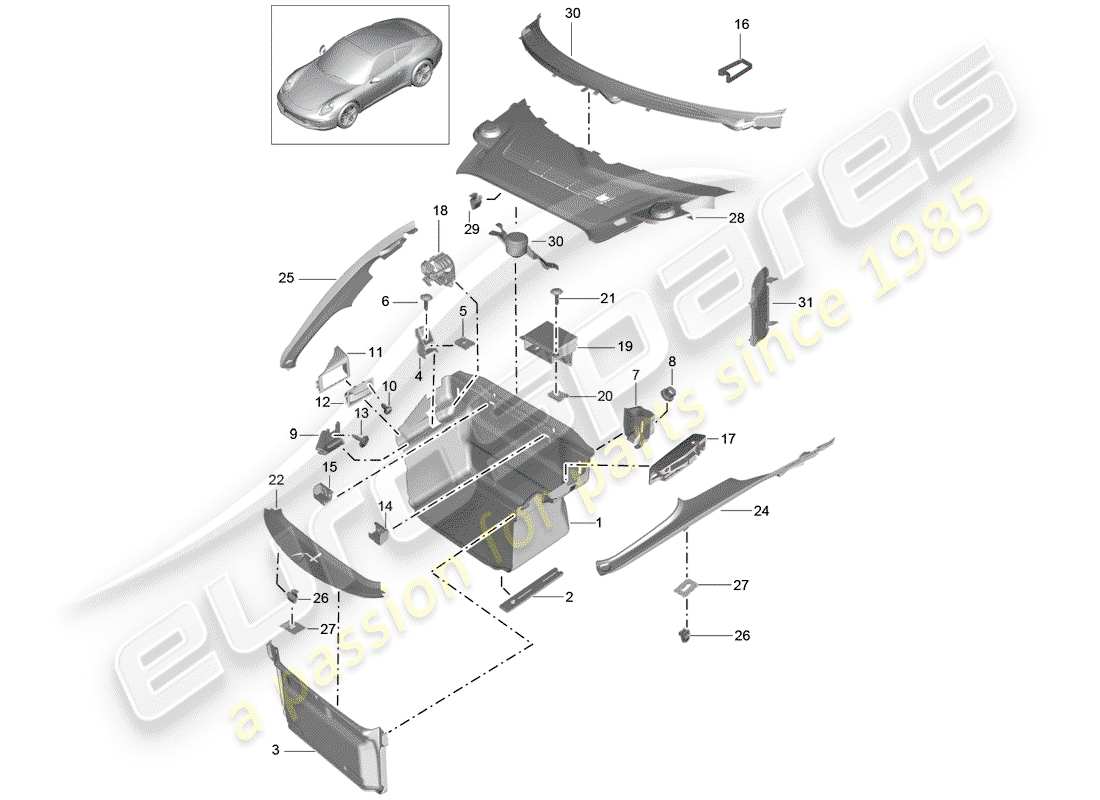 porsche 991 (2013) luggage compartment part diagram
