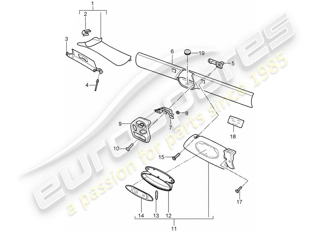porsche 2001 (986 boxster) windshield frame - sun vizors parts diagram