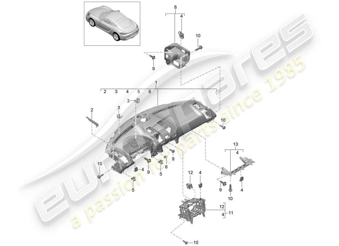 porsche 718 cayman (2018) dash panel trim parts diagram