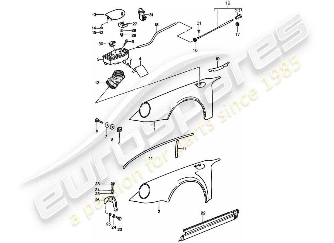 porsche 1988 (911) fender - with: - plastic cup for tank - to fit use workshop material part diagram