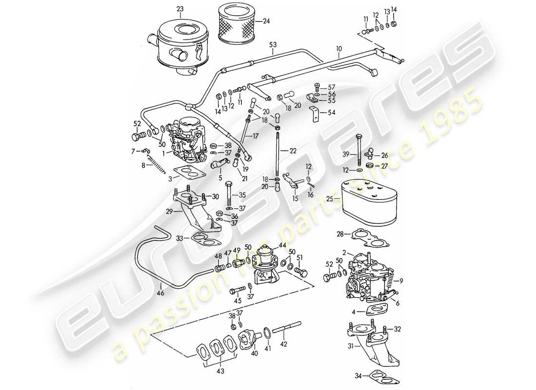 porsche 356b/356c (1965) carburetor - and - fuel supply line part diagram
