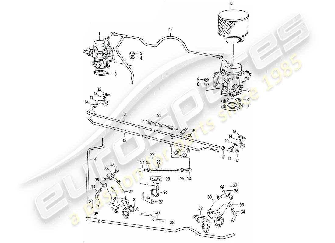 porsche 1955 (356/356a) carburetor - solex 32pbj - solex 40pjcb - and - fuel supply line - fuel pump part diagram