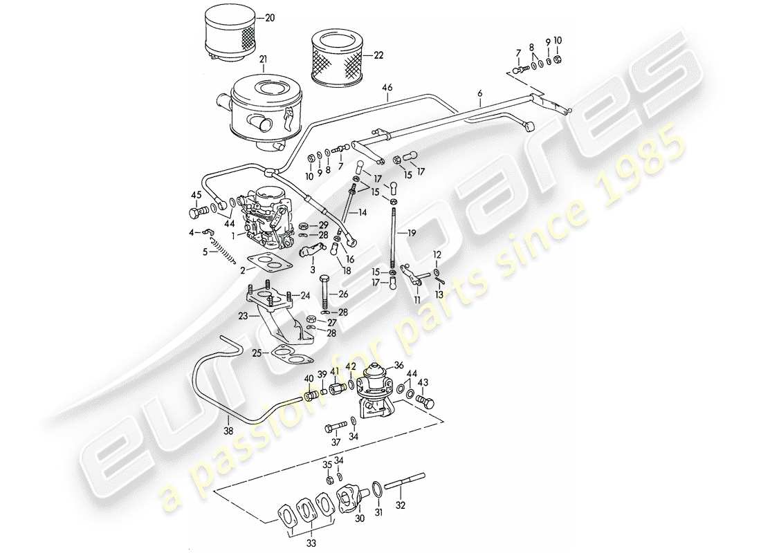 porsche 1955 (356/356a) carburetor - pallas-zenit 32ndix - and - fuel supply line - m 67 001 >> - m 81 201 >> part diagram
