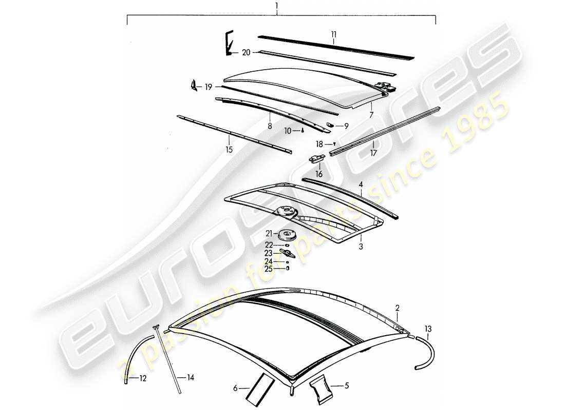 porsche 1964 (356b/356c) sunroof - mechanical part diagram