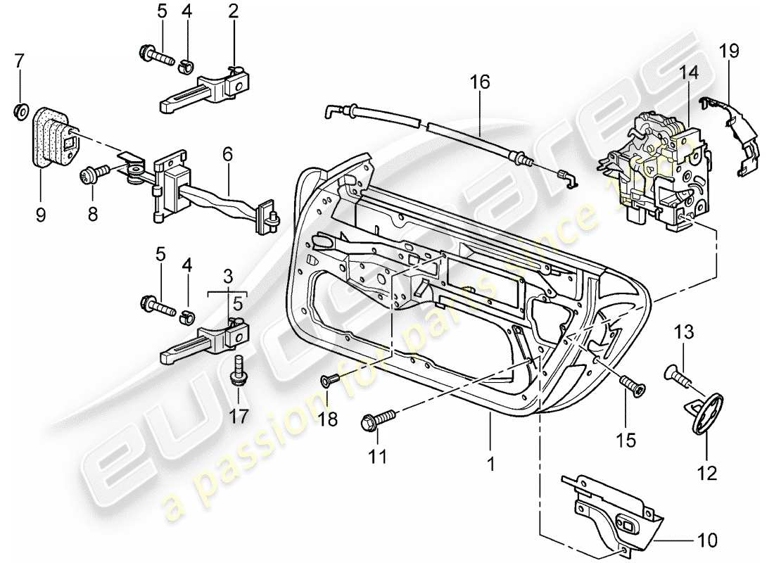 porsche 2005 (996) door shell - door latch part diagram
