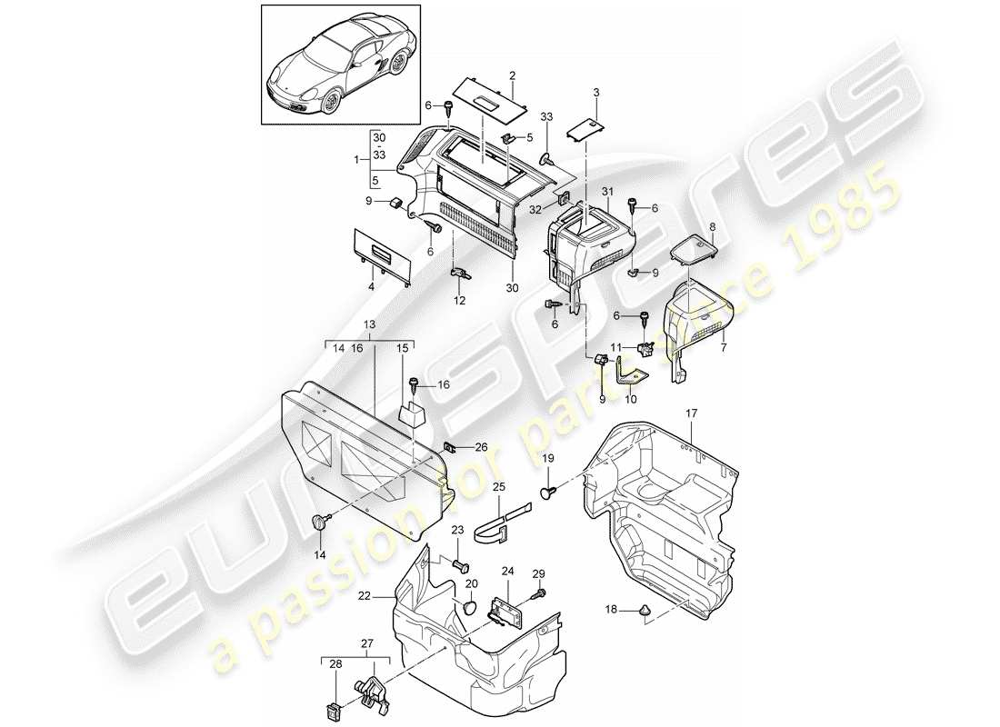 porsche 2009 (987 cayman) luggage compartment part diagram