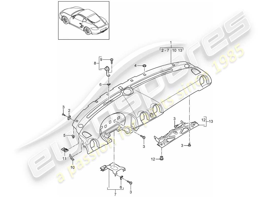 porsche 2009 (987 cayman) dash panel trim part diagram