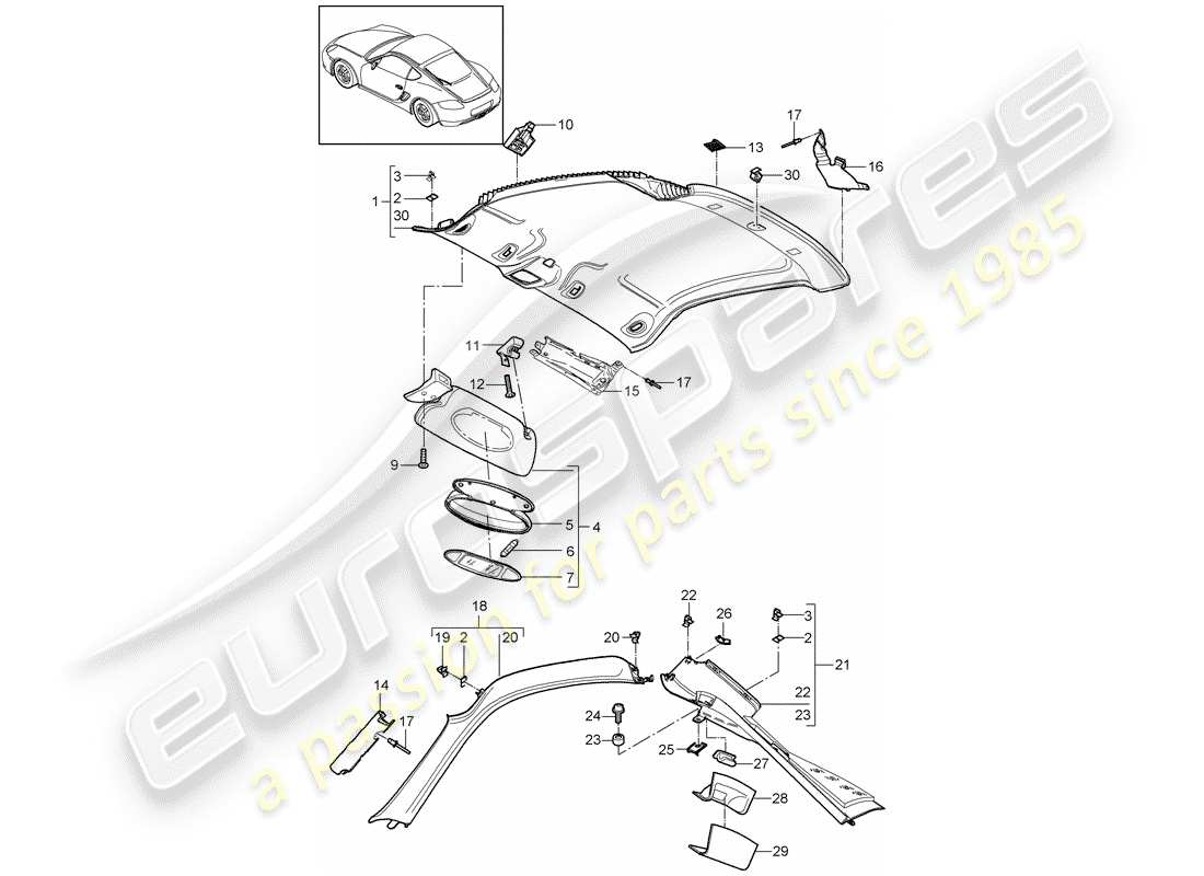 porsche 2012 (987 cayman) roof trim panel part diagram
