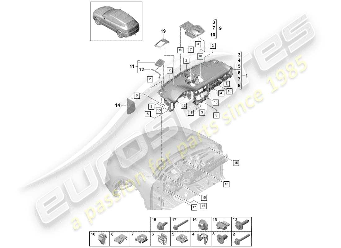 porsche 2018 (cayenne e3 9ya/9yb) dash panel trim part diagram